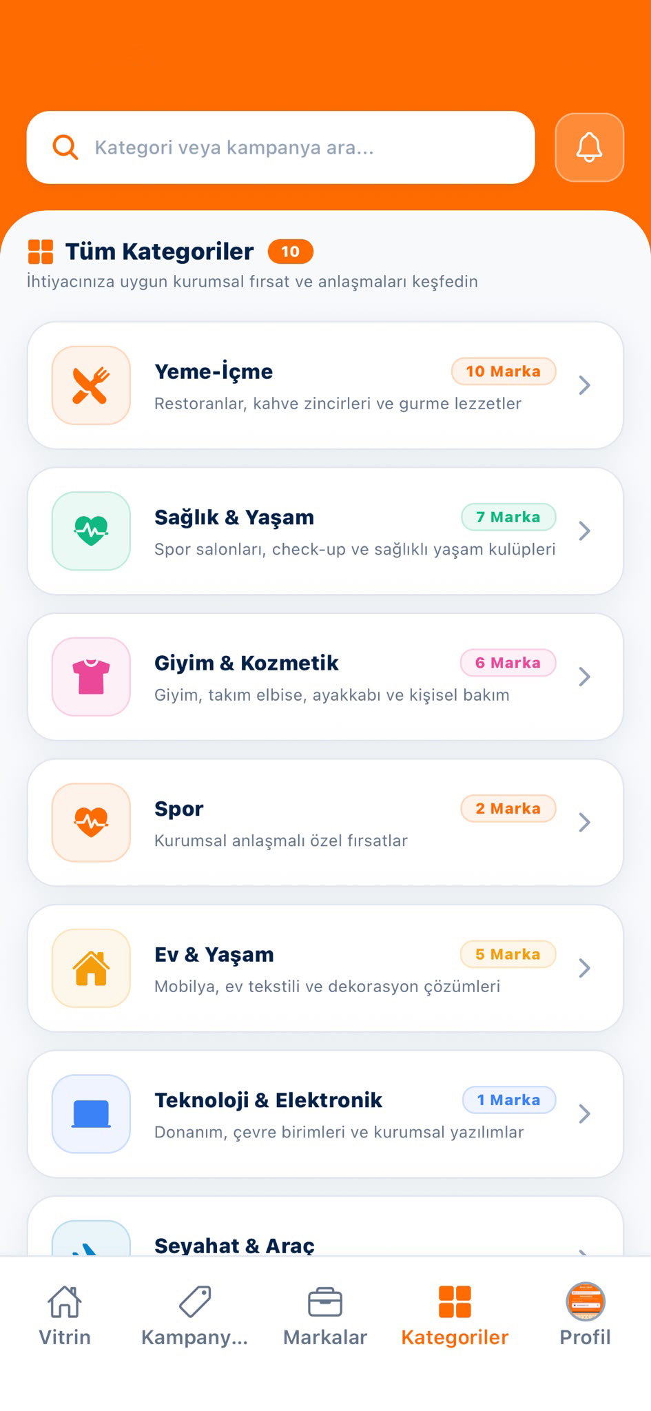 Beyaz Yakalı Kategoriler Ekranı